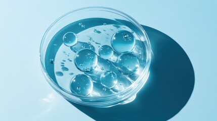 Artistic composition of skincare gel droplets in a Petri dish, enhanced by crisp hard shadows and a vivid blue backdrop