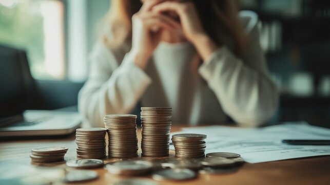 Person stressed over finances with coins and documents symbolizing credit counseling.