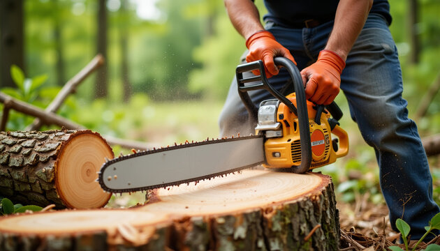 Worker using chainsaw to cut tree in forest, deforestation impact