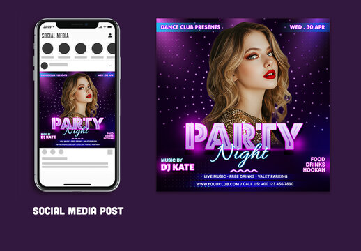 Party Night, Editable Social Media Post for Club, Disco and Upcoming Night Parties.