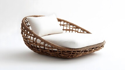 Fototapeta premium Woven Oasis: a modern armchair blends natural textures with minimalist elegance. Its woven design and plush cushion invite relaxation.