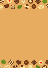ハートやリフーなどのクッキーのイラストの縦向きのフレーム_茶色