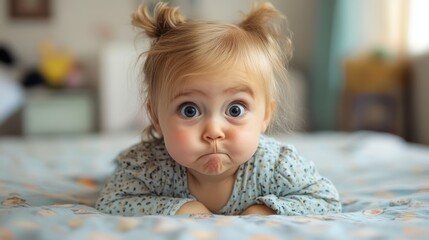 Fototapeta premium Cute caucasian toddler girl making funny faces with pigtails on bed