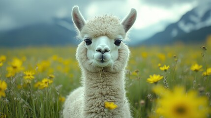 Obraz premium Adorable alpaca in flowering meadow with majestic mountain background