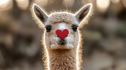 Obraz premium Cute alpaca with red heart nose in sunlit background