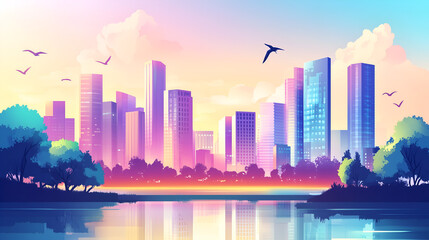 Fototapeta premium Vibrant Metropolis Scene with Stylized High-Rise Buildings and Soaring Birds