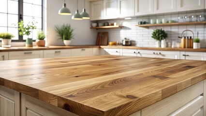 A rustic kitchen island countertop showcasing a rich, natural wood grain texture in a bright, airy kitchen setting.