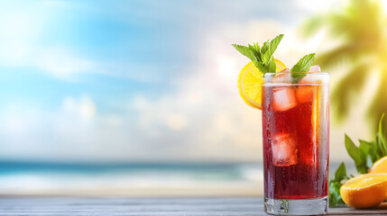 Obraz premium Refreshing summer beverage in a tall glass on a beach vibrant colors tropical setting relaxing view