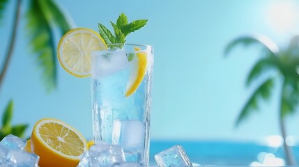 Refreshing summer drink in a tall glass beachside beverage photography tropical vibes close-up vibrant concept