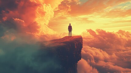 Obraz premium Silhouette of a young caucasian male standing on a mountain cliff at sunset above clouds