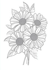 Drawing page of daisy flowers in black and white, coloring drawing