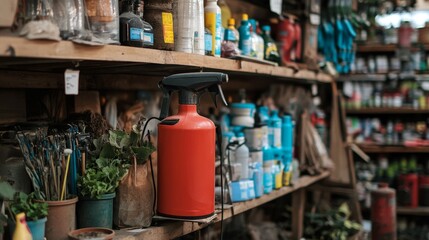 Obraz premium A garden sprayer sits on a store shelf among other gardening supplies. Gomel, Belarus, February 15, 2025. 