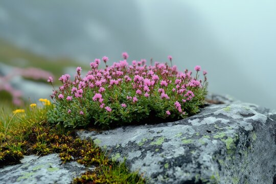 Moss campion growing on a rock in foggy mountains