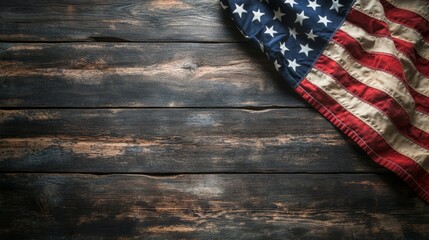 Obraz premium A happy 4th of July image: an American flag on dark wood. 
