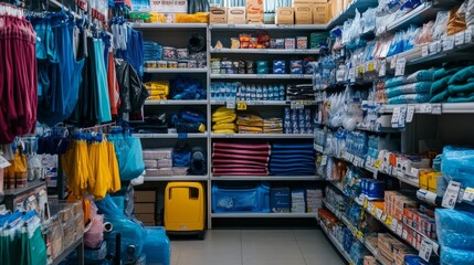 Naklejka premium A neatly organized Lviv store, February 16, 2025, displayed foldable clothes dryers, household goods, and plastic items. 