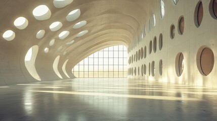 Modern architectural space with arched ceiling and circular windows