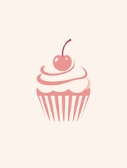 Minimalist cupcake logo featuring an elegant cherry on top, designed for bakery branding with warm pastel colors