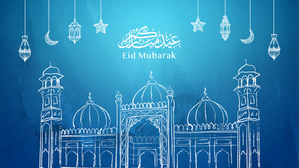Eid Mubarak islamic greeting watercolor blue mosque banner background