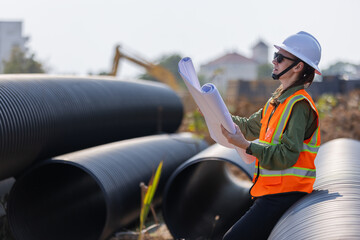 A female engineer examines blueprints at a construction site. Large plastic drainage pipes and an excavator are in the background as she reviews project plans