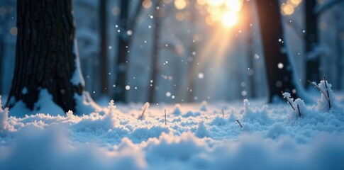 Twinkling snowflakes fall gently on the forest floor, frost, twinkle, quiet