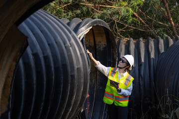 A female engineer wearing a safety vest, hard hat, and sunglasses inspects a damaged plastic...
