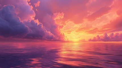 A stunning sunset over the ocean, with dramatic clouds painted in shades of pink, orange, and purple, and soft waves reflecting the vivid colors