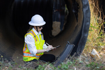 A female engineer wearing a safety vest, hard hat, and sunglasses inspects a damaged plastic drainage pipe outdoors. She holds a tablet and examines the broken section, assessing its condition