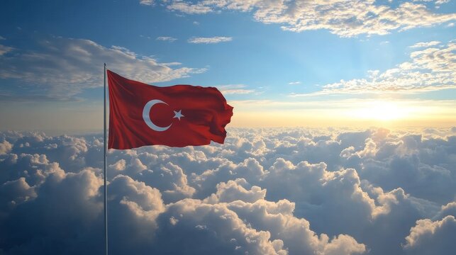 A Turkish flag flies high above the clouds.
