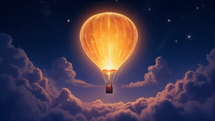 A hot air balloon is floating in the sky at night