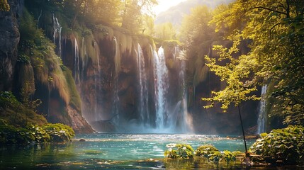 Serene Waterfall Surrounded by Lush Greenery and Sunlight in a Tranquil Natural Setting