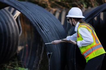A female engineer wearing a safety vest and hard hat inspects and takes notes on abandoned, damaged...