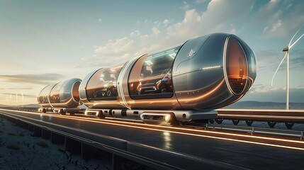 Obraz premium Futuristic Transport System with Sleek Capsules on Elevated Track Under Bright Sky