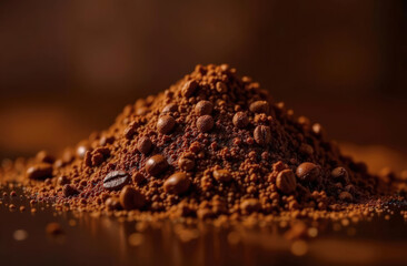 Pile of ground coffee with whole beans on rich brown surface