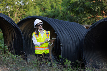 A female engineer inspects a damaged large drainage pipe outdoors. She wears a safety vest, hard...