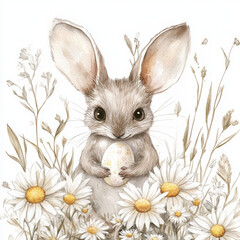 Obraz premium Adorable rabbit holding egg in white daisies feeling blessed and happy
