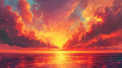 Naklejka premium A vibrant sunset scene with fiery orange and pink clouds stretching across the sky over a vast, shimmering ocean horizon