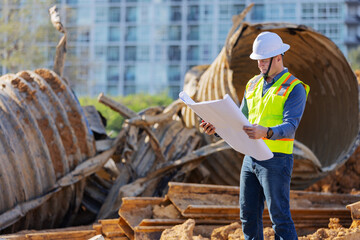 A construction engineer in a hard hat and safety vest examines blueprints at a site with dismantled...