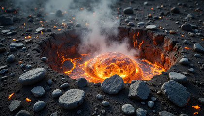 Meteorite fragments glowing in asteroid crater aftermath, cosmic impact