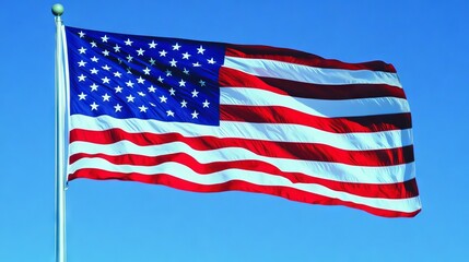 An American flag waves proudly on a flagpole in the clear blue sky.
