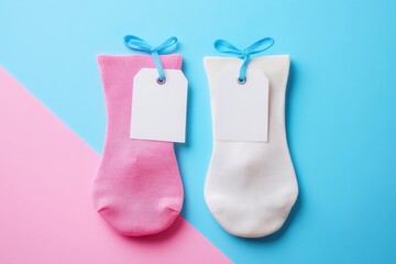 Baby socks gift for pastel background, gender reveal.