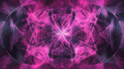 Abstract symmetrical design with swirling pink and purple shapes.