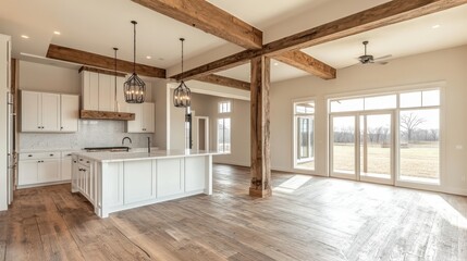 Rustic modern open-concept kitchen with wooden beams and large windows