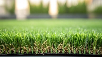 Close-up of artificial grass with vibrant green blades and visible roots.