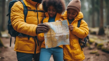 Obraz premium African family hiking in forest with map and yellow jackets