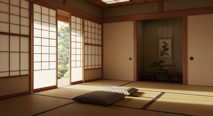 Obraz premium Serene Japanese Room Soft Light Peaceful Design. AI Generated