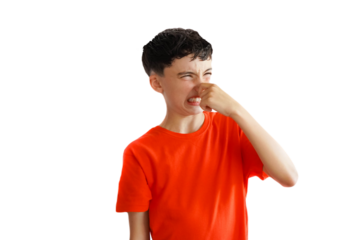 png, transparent background, isolated  preteen boy gesturing dislike of bad smell. red t-shirt.