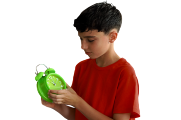 png, transparent background, isolated child, preteen, with freckles, with a gesture or pose of setting the alarm or alarm clock on a clock