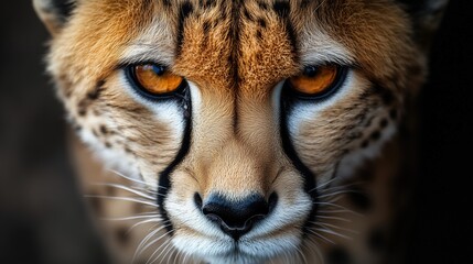 Close up of a cheetah's face with its eyes open and looking directly at the camera. AI generated
