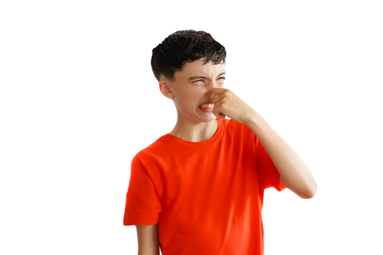 png, transparent background, isolated  preteen boy gesturing dislike of bad smell. red t-shirt.