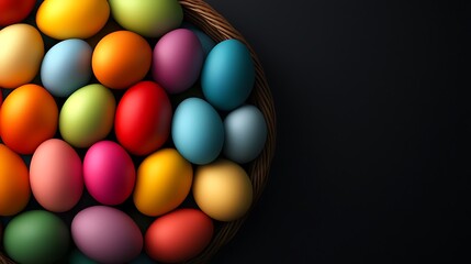 A detailed close-up of a basket filled with vibrantly colored Easter eggs. ultra-realistic, photo-realistic, highly detailed, 
